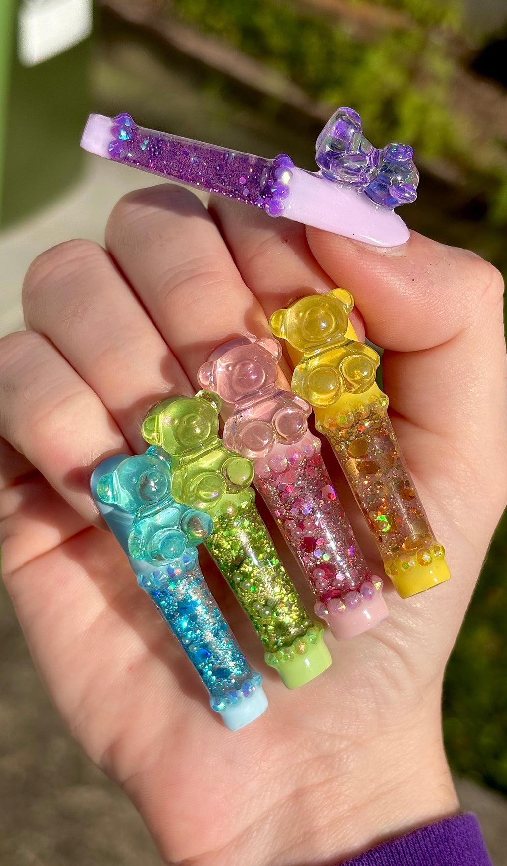 Rainbow Teddy Bear Liquid Aquarium Press On Nails
