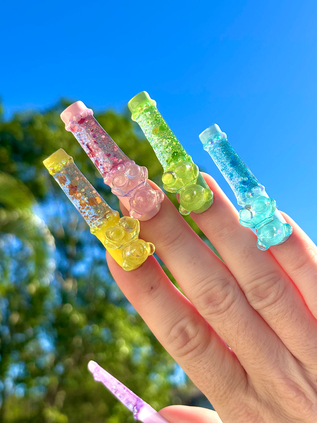 Rainbow Teddy Bear Liquid Aquarium Press On Nails