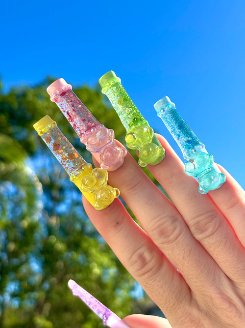 Rainbow Teddy Bear Liquid Aquarium Press On Nails
