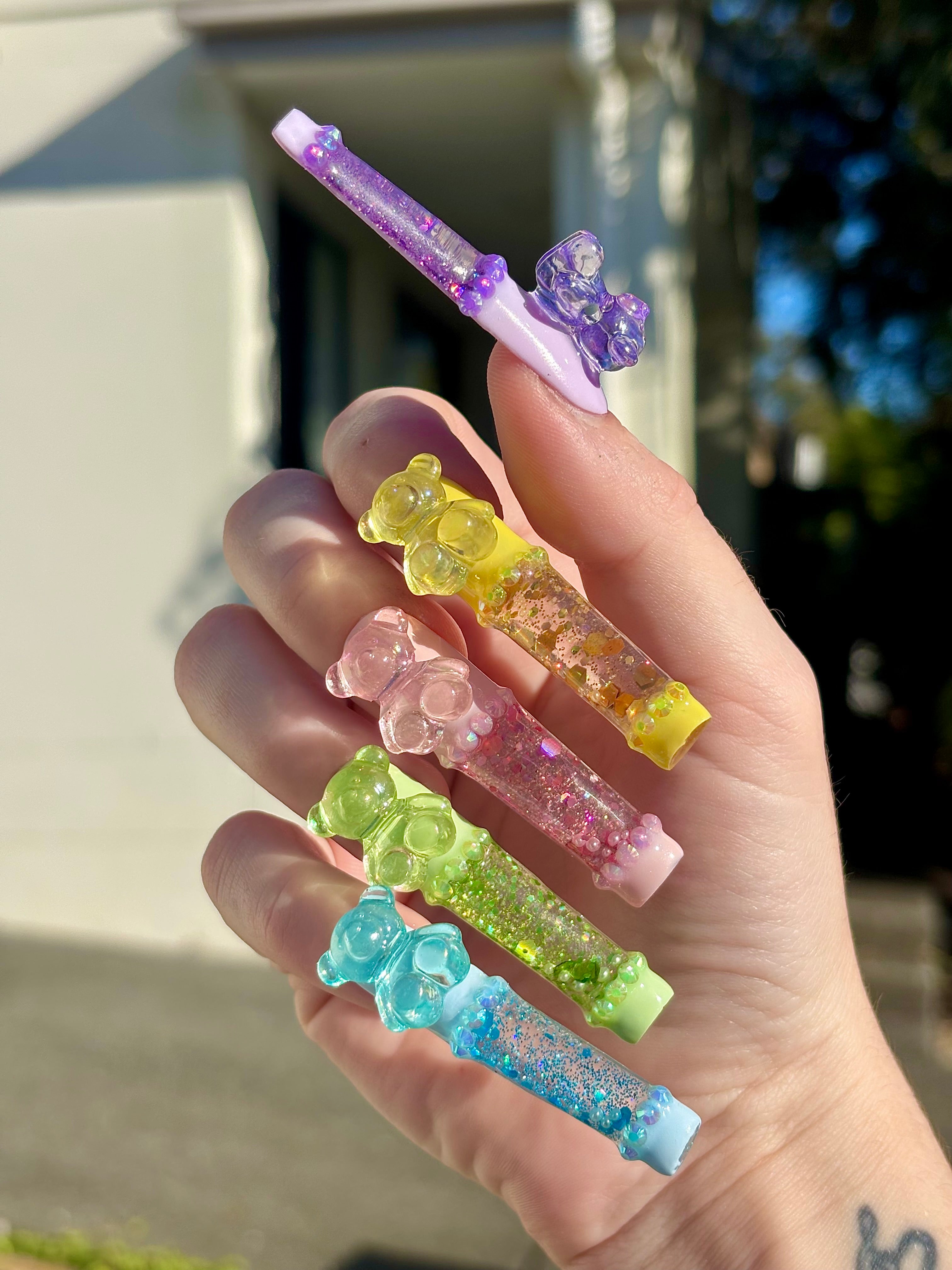 Rainbow Teddy Bear Liquid Aquarium Press On Nails