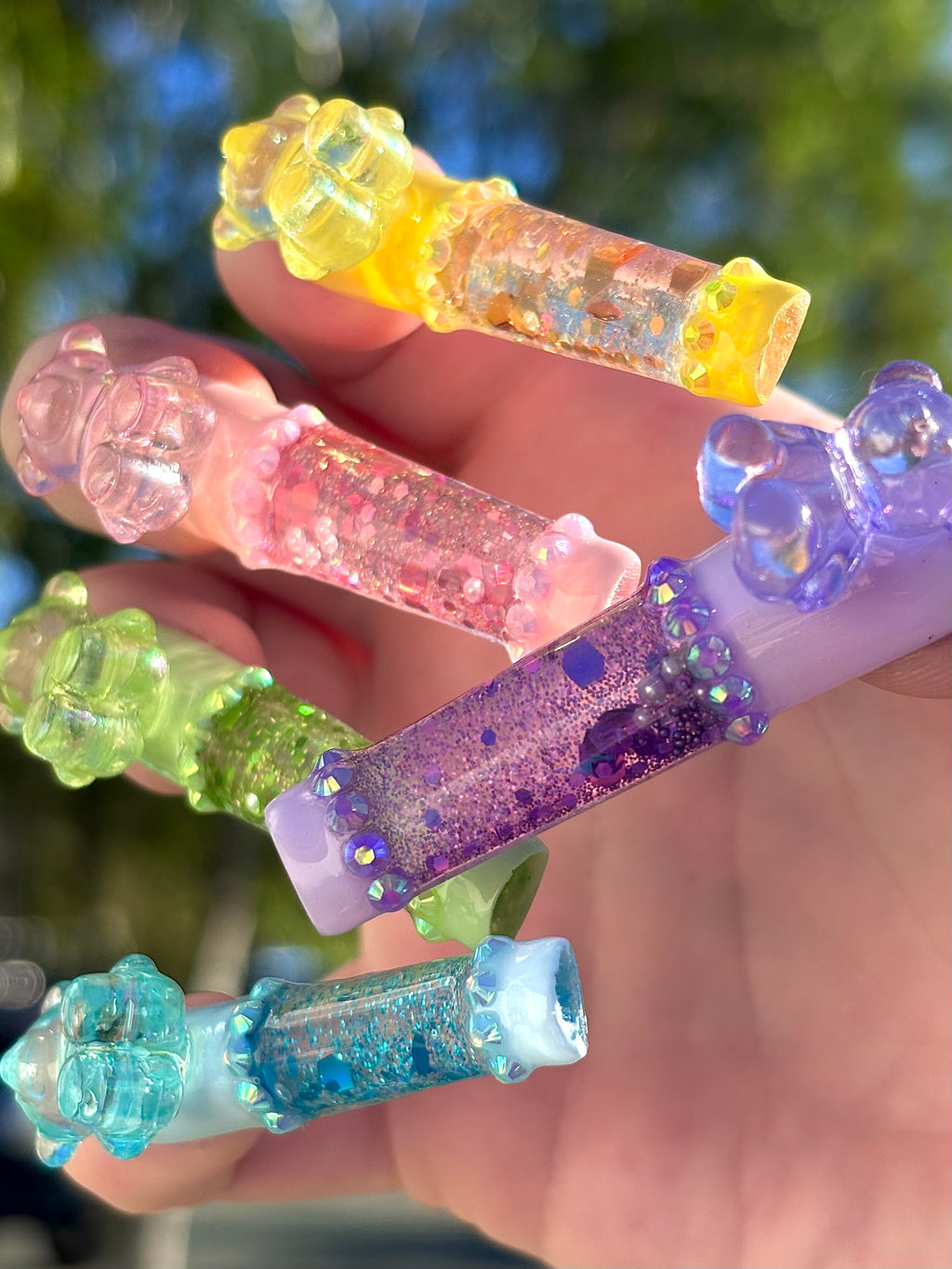 Rainbow Teddy Bear Liquid Aquarium Press On Nails