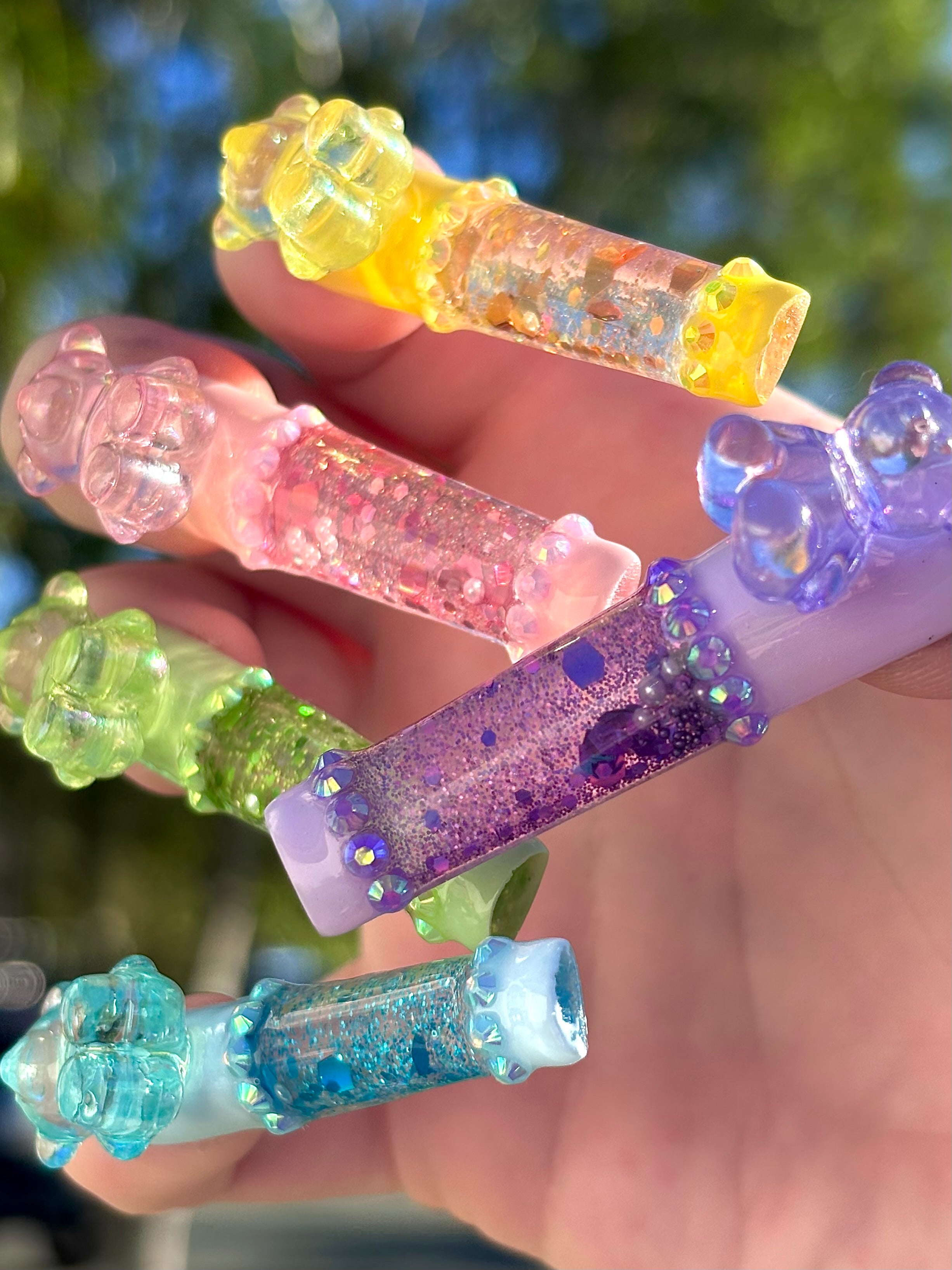 Rainbow Teddy Bear Liquid Aquarium Press On Nails