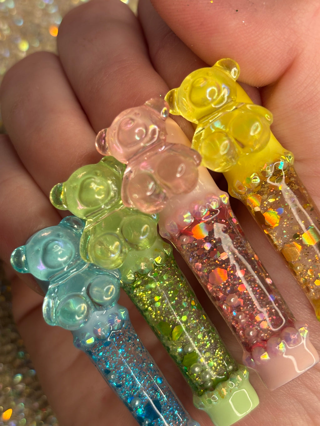 Rainbow Teddy Bear Liquid Aquarium Press On Nails